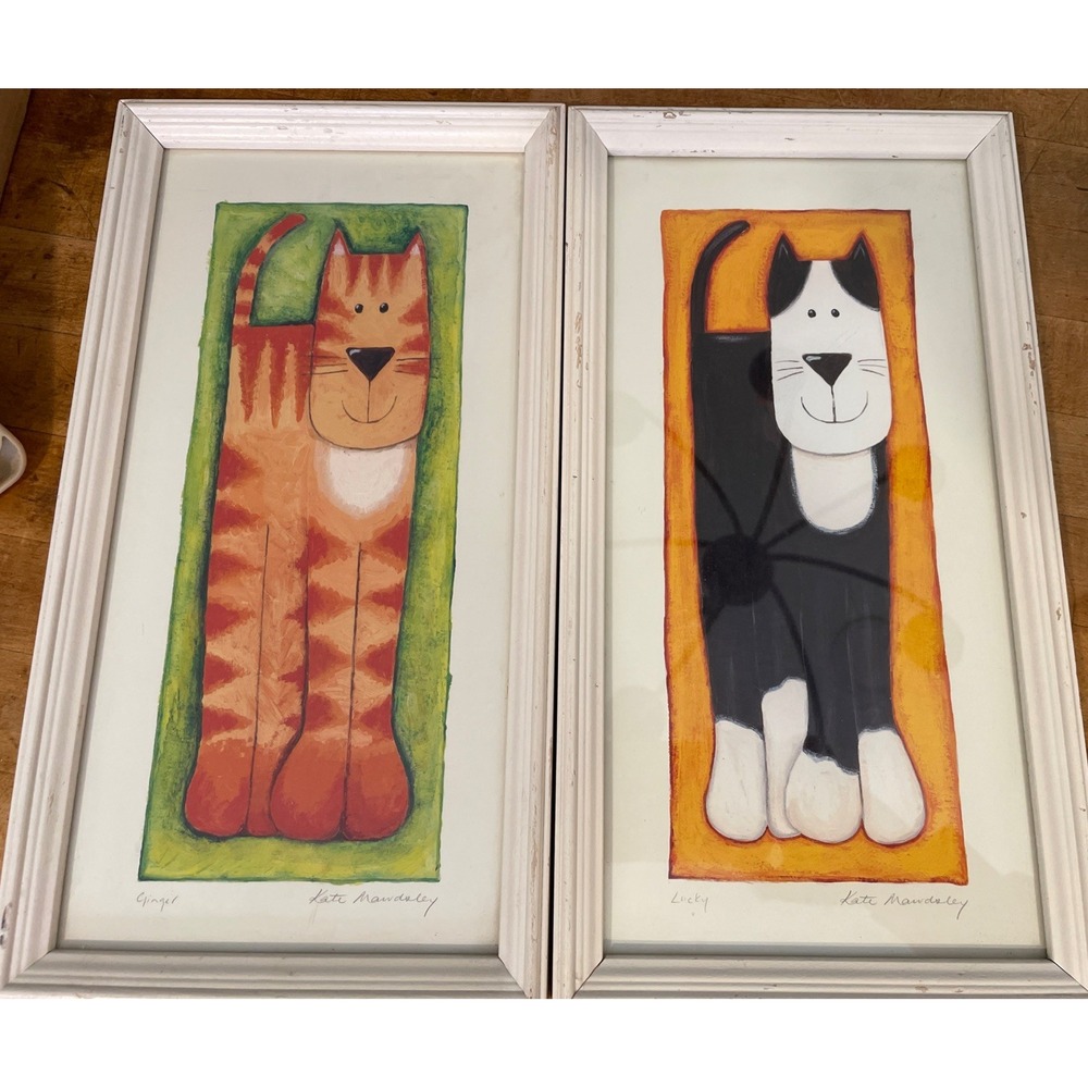 Set Of 2 VTG Framed Print Signed-by Kate Mawdsley 'Ginger' Cat + 'Lucky' Dog